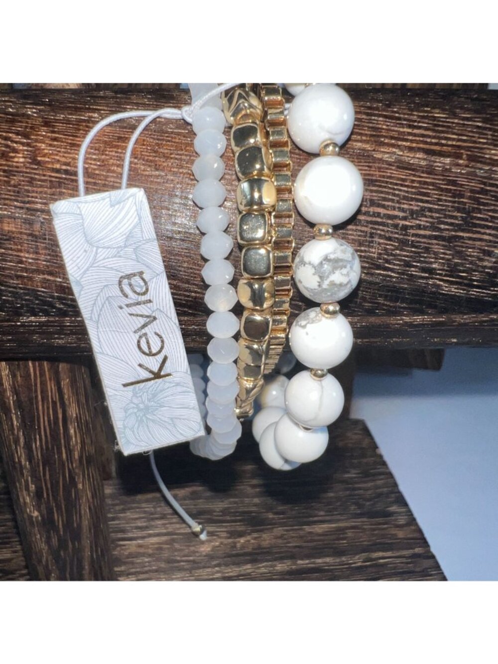 Set Of 4 Elegant White & Gold Beaded Bracelets By Kevia - Picture 2 of 2